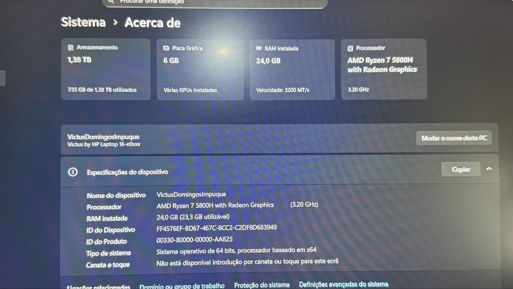 Portatil HP gaming Victus 16-E0038NP impecavel