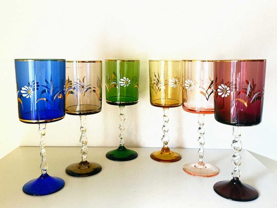 Set of 6 Hand-Painted 1960s Blown Glass Glasses