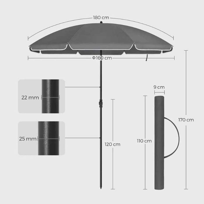 Nowy parasol / śr. 160cm /  uchylny / regulowany / SONGMICS / W1220!