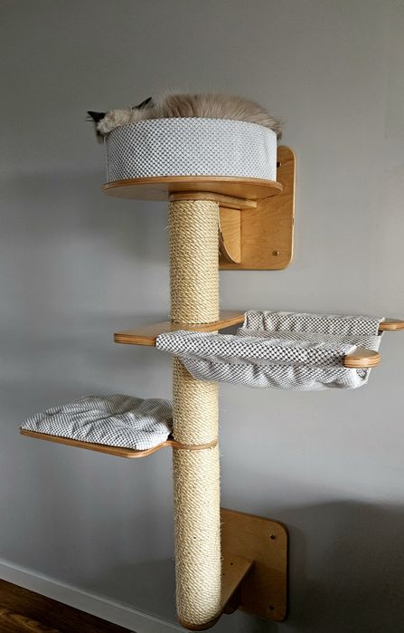 Drapak ścienny dla kota Leo Land premium | Solidny drewniany boho loft – 3 poziomy