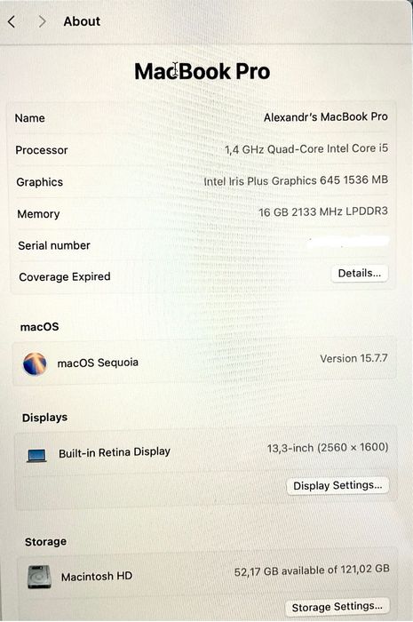 MacBook Pro 2018 13 / i5 / 16GB / 120GB USA