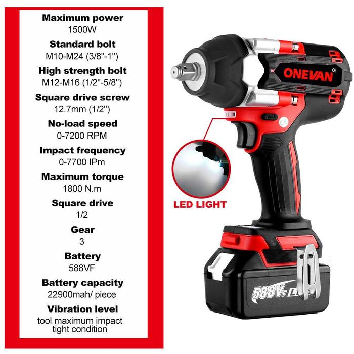 719 - Chave impacto  1800NM onevan 588vf 1/2 compativel makita 18v