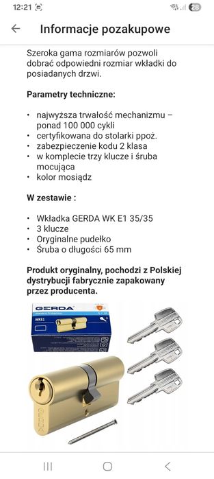 Wkładka drzwiowa GERDA WK E1 35/35 MOSIĄDZ