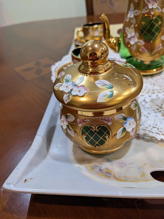 Хрусталь Богемия лепка кофейний сервіз зелений  на 6 персон