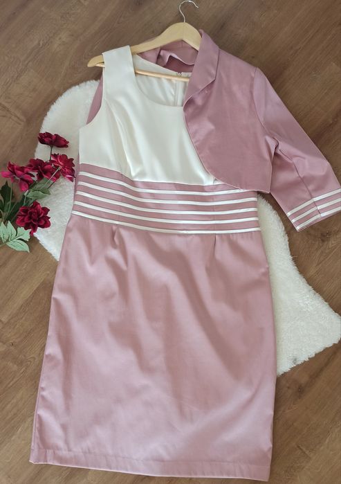 Elegancka sukienka koktajlowa + bolerko WAMS r.46 różowa, retro, na we