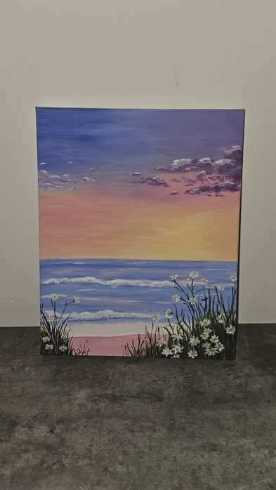 Ręcznie malowany obraz – zachód słońca nad morzem