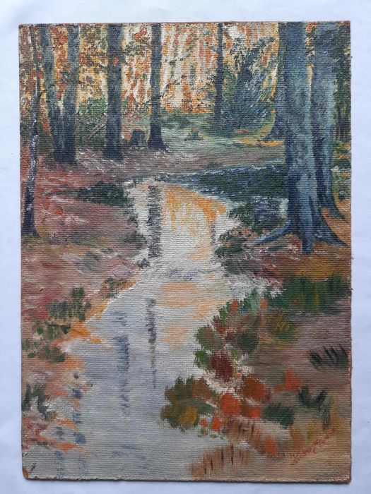 Pejzaż leśny ze strumykiem Obraz olejny Sygnatura