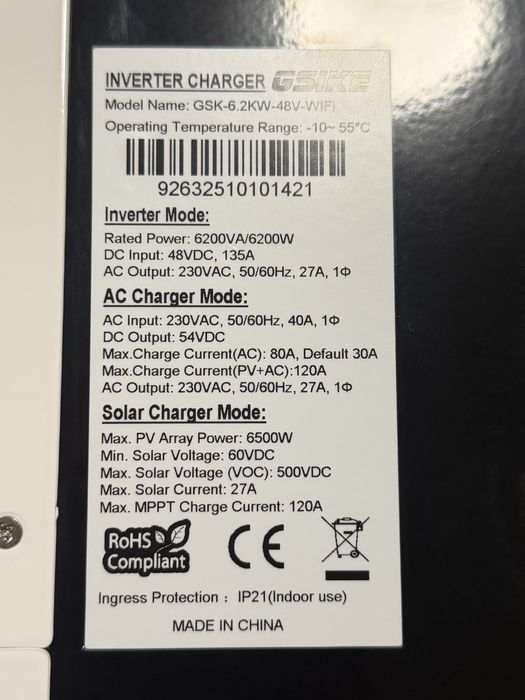 Гібридний інвертор GSIKE 6.2kw Anenji 48v wifi В навності! Доставка безкоштовна!