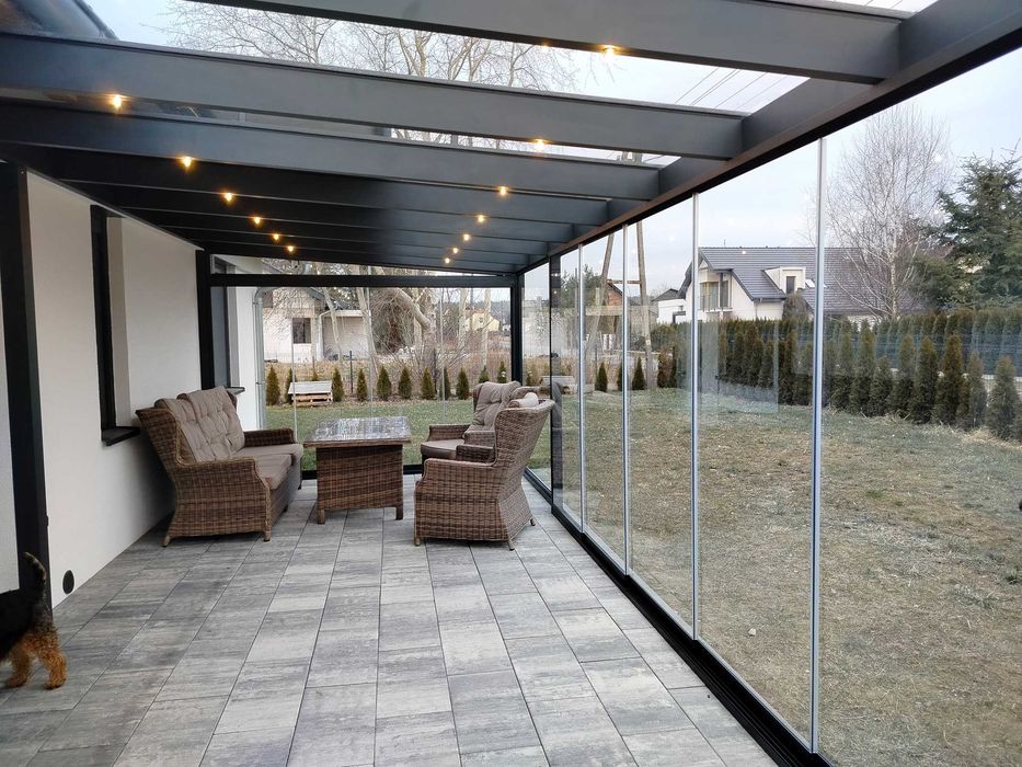 Zadaszenie tarasu,pergola,aluminium -szklo,drzwi przesuwne.