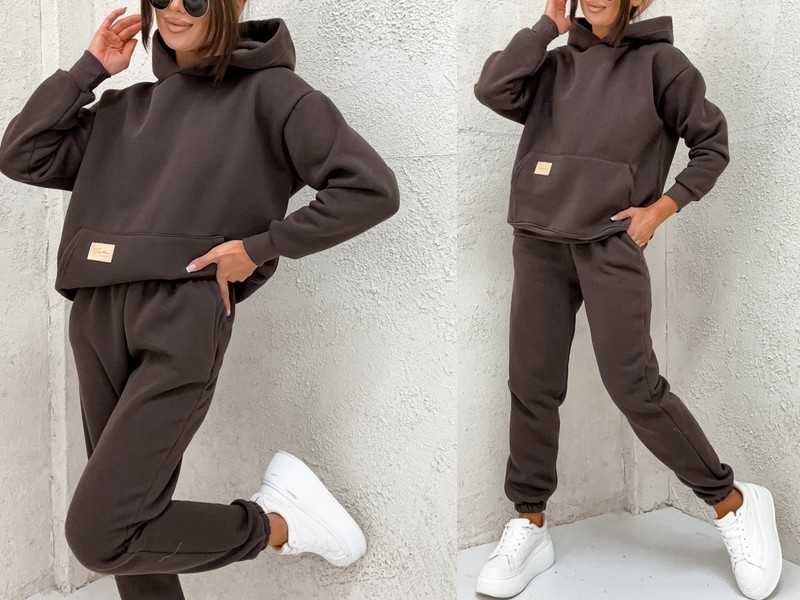 Luxury set dres czekoladowy joggery + bluza logo kangur