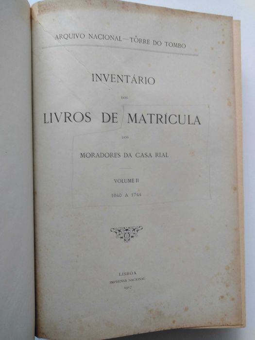livro: "Inventario dos livros de matrícula dos moradores da Casa Real"