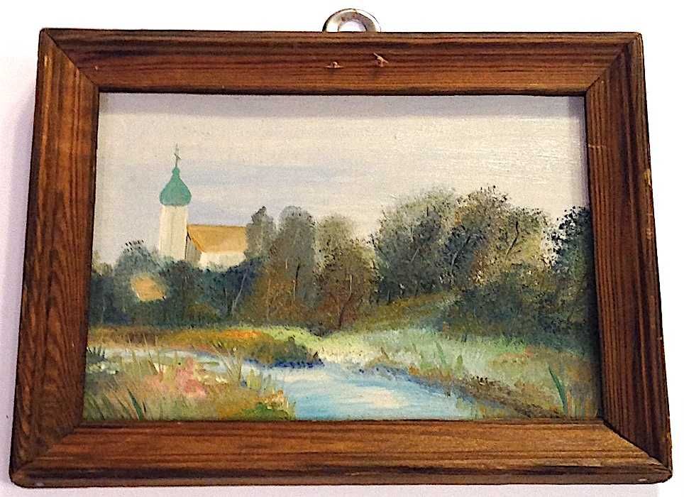 Stary mały obraz olejny pejzaż wiejski