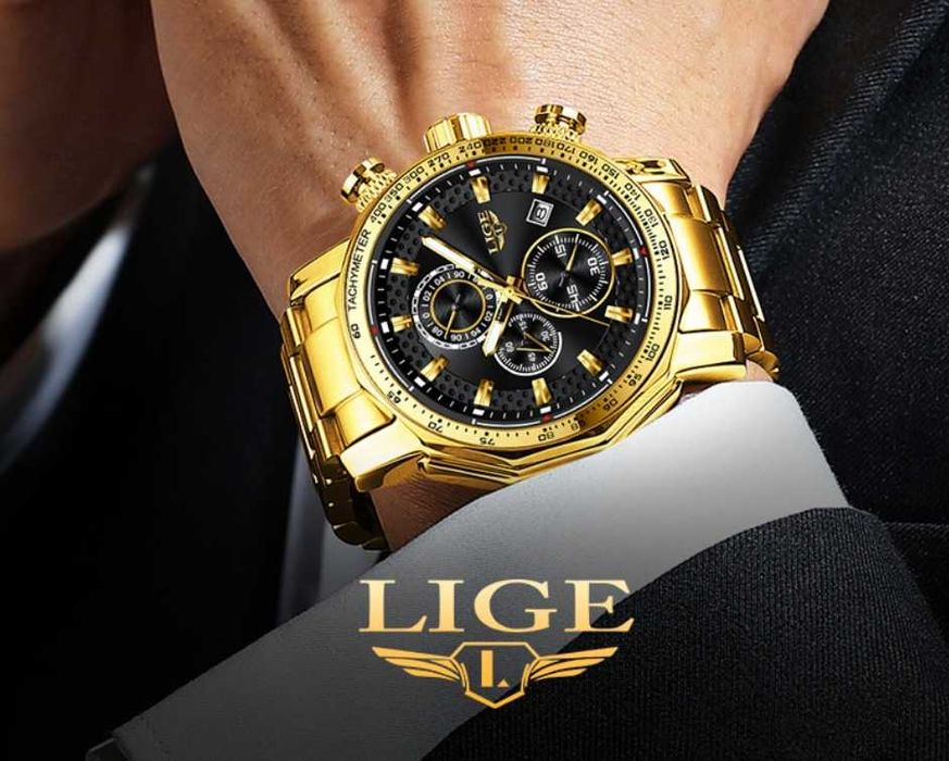 Relógio Luxuoso Masculino LIGE bracelete metal dourado (Novo)