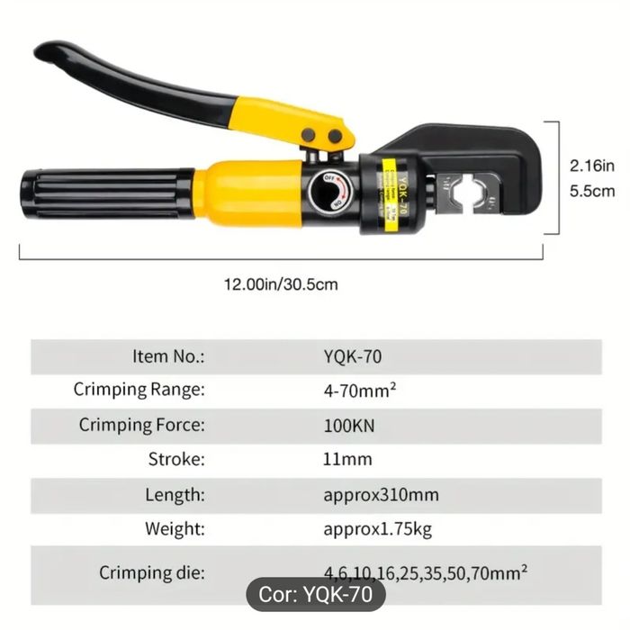 Prensa Hidraulica cravar cabos de 4mm até 70mm