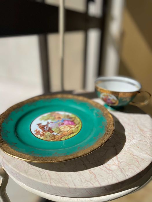 Chávena e Pires Porcelana Alemã JWK Baviera  Verde Esmeralda e Ouro