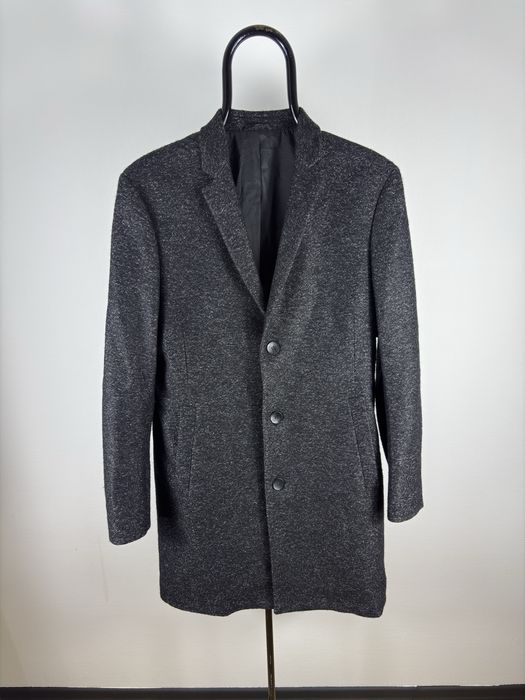 Calvin Klein – męski płaszcz wełniany Fitted | grafit | roz. 48 | Made in Portugal