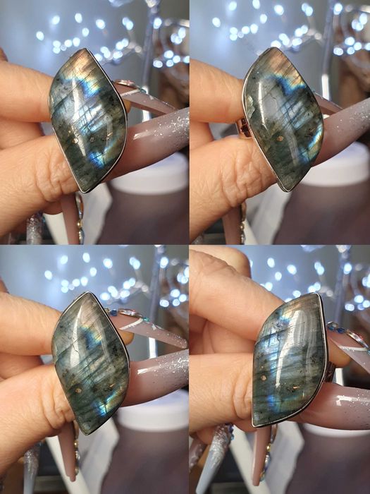 Anel ajustável com labradorite azul e multicolor, pedra natural