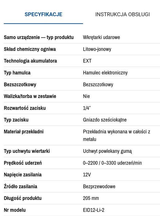 Zakrętarka Erbauer EXT Compact 12v EID12-Li-2 używana sprawna silnik BL
