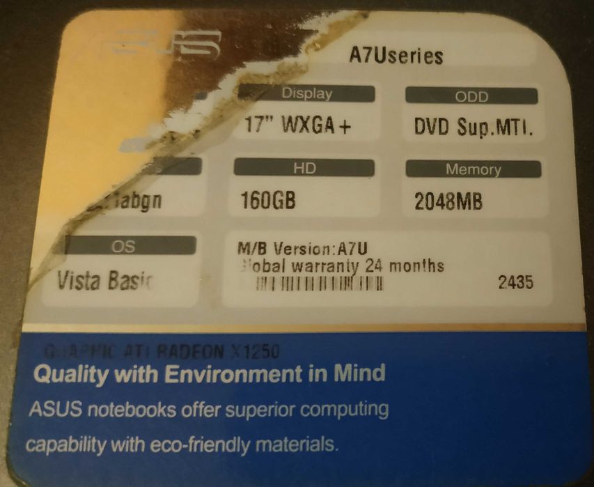 Ноутбук ASUS A7U 17"! ОС - WIN7 Работает без ремонтов!Смотреть фильмы.