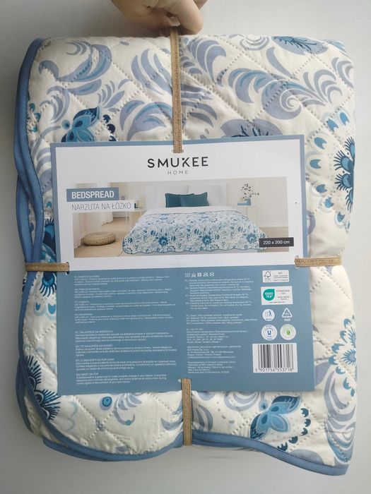 Narzuta błękitna z falą ornamenty 220x200 Smukee