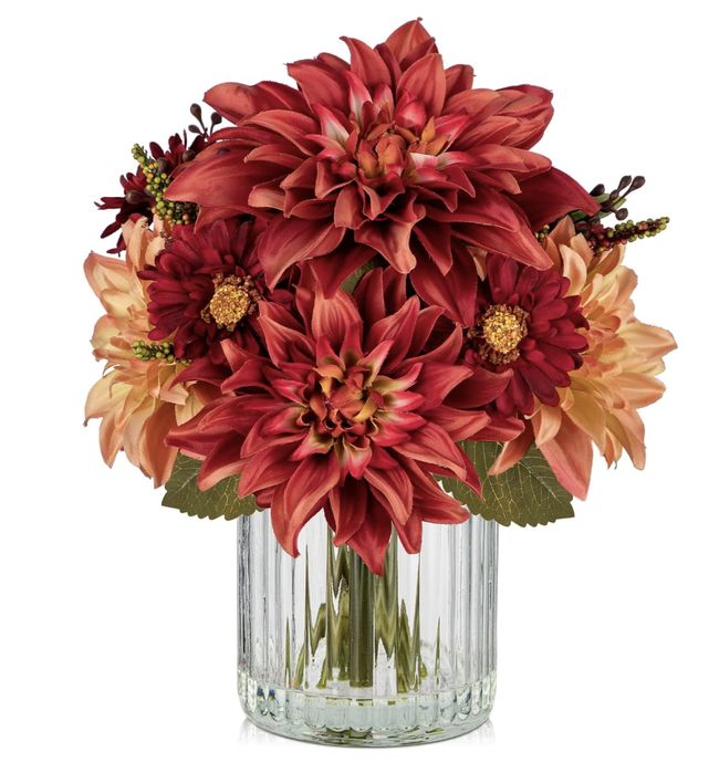 Szklany wazon 14x30cm z dekoracyjnym sztucznym bukietem dalii bordowe