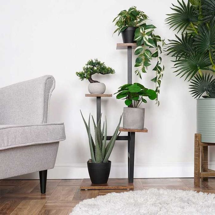 Kwietnik Stojący Metalowy Drewniany 4 Doniczki Z Kwiatami Rośliny 84cm