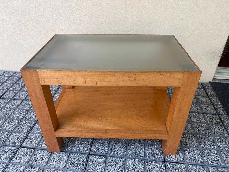 Mesa de Centro de Vidro Temperado e Madeira Maciça