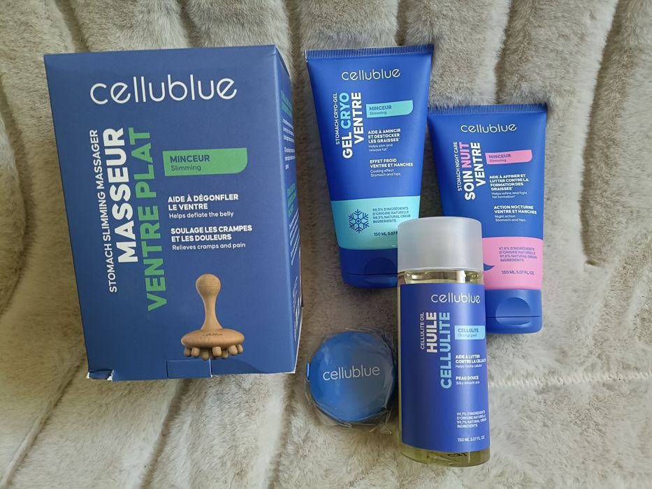 Cellublue płaski brzuch masażer olejek żel krem nowy zestaw