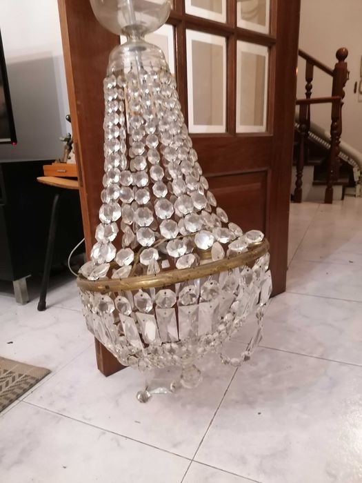 Lustre de Teto Antigo em Cristal e Metal Dourado (Estilo Cascata)