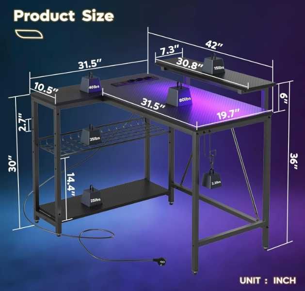 Biurko gamingowe Bestier L LED gniazdka 106 cm