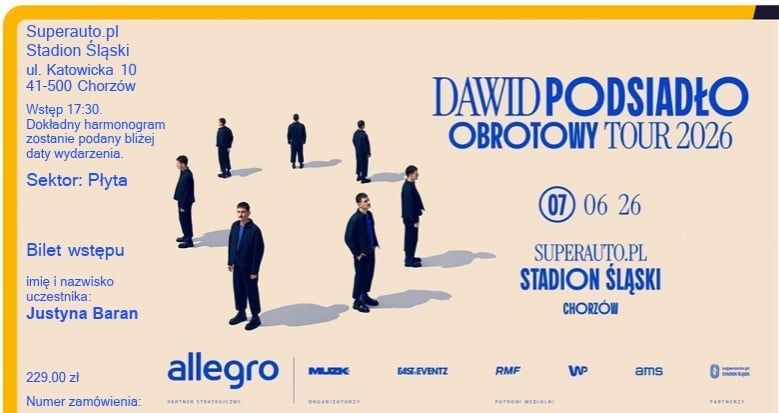 ‼️(Okazja)(2x)Bilety Dawid Podsiadło Obrotowy Tour Chorzów - Płyta, 7 czerwca, dwa bilety, super cena