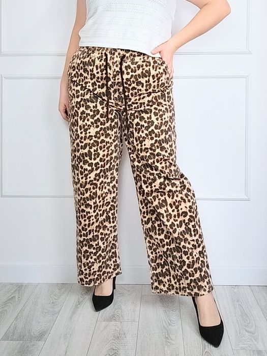 Spodnie w panterkę z szerokimi nogawkami gumka nowe plus size 44