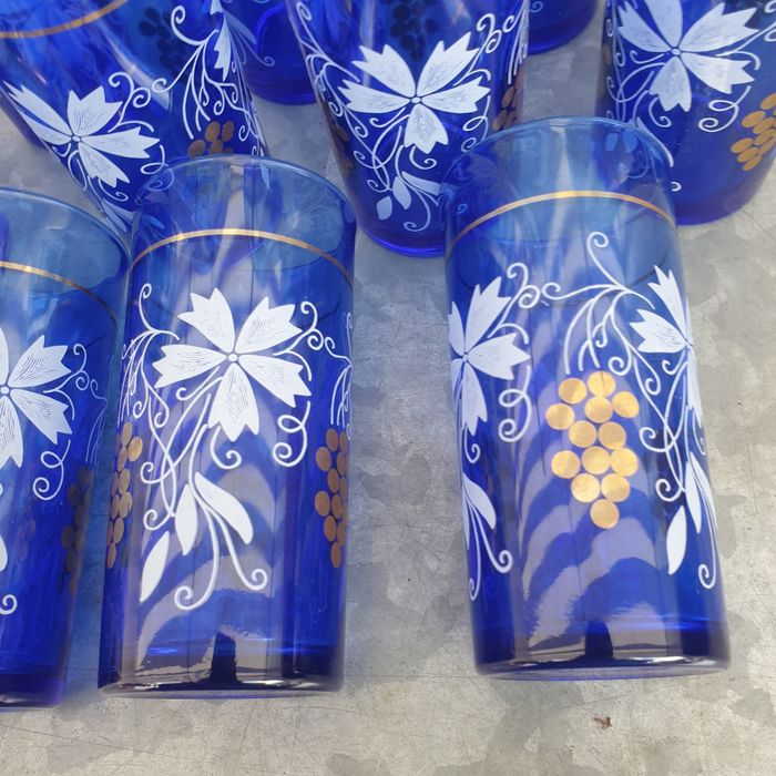 Vintage Blue Juice Glasses with grape and flower design Italy 35