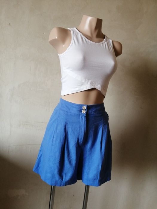 Блакитні шорти з защіпами з льону висока талія