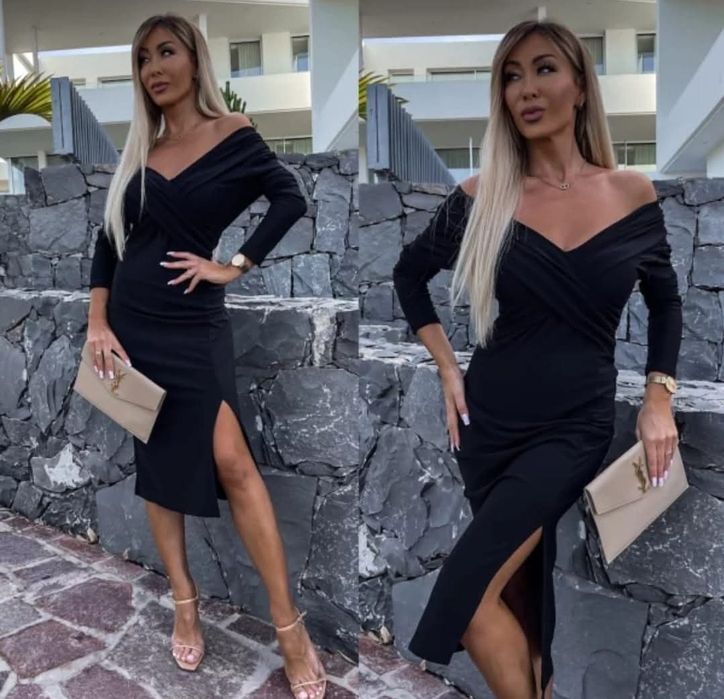 Czarna sukienka midi z rozcięciem ostatki wesele Varlesca chicaca S M