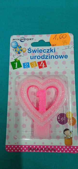 Świeczka na tort "1" rózowe serce