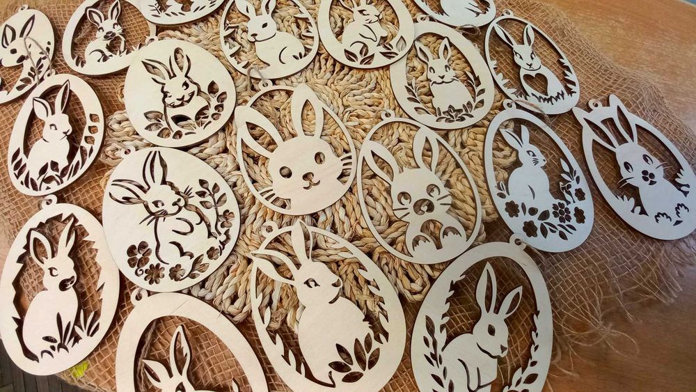 Drewniane zawieszki WIELKANOC ozdoba pisanka, zając sklejka