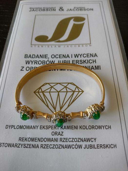 Bransoleta złota 750 3szt szmaragdów i 50 szt diamentów certyfikat Jacobson