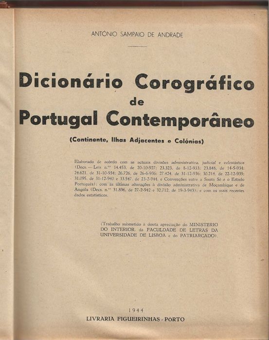Dicionário Corográfico De Portugal Contemporâneo – 1944