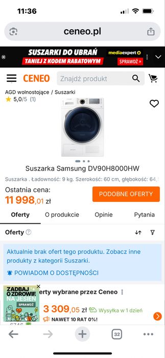 Suszarka samsung  full wypas DV90H8000HW