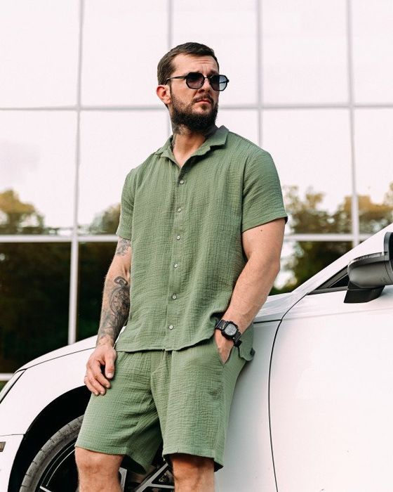 КОСТЮМ Чоловічий Мусліновий Літній OLD MONEY Green Сорочка + Шорти! Костюм Муслиновый мужской на Лето! Літній Комплект Бавовна 100%! Не парить! ХІТ