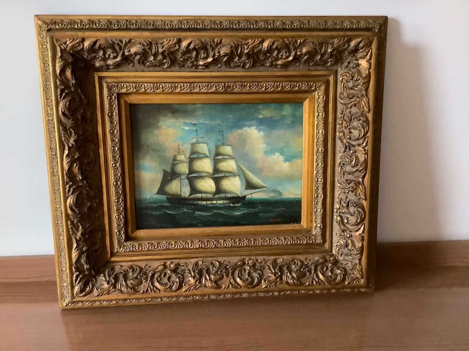 Quadro Náutico Vintage – Navio à Vela em Moldura Dourada Entalhada
