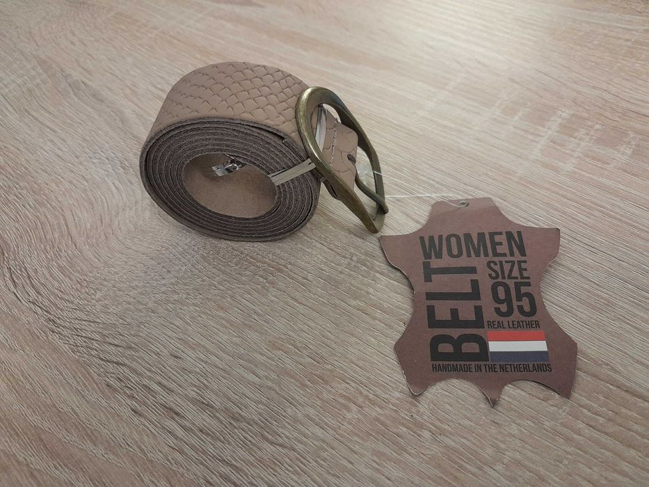 Nowy skórzany pasek z Holandii, Fancy Style beżowy_wzór/ 95_kl mosiądz