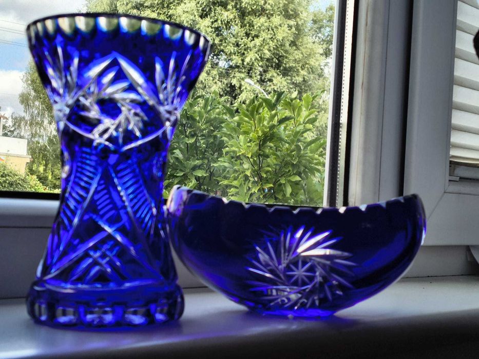 Kobaltowy kryształ – wazon i żardiniera – ręcznie szlifowane vintage