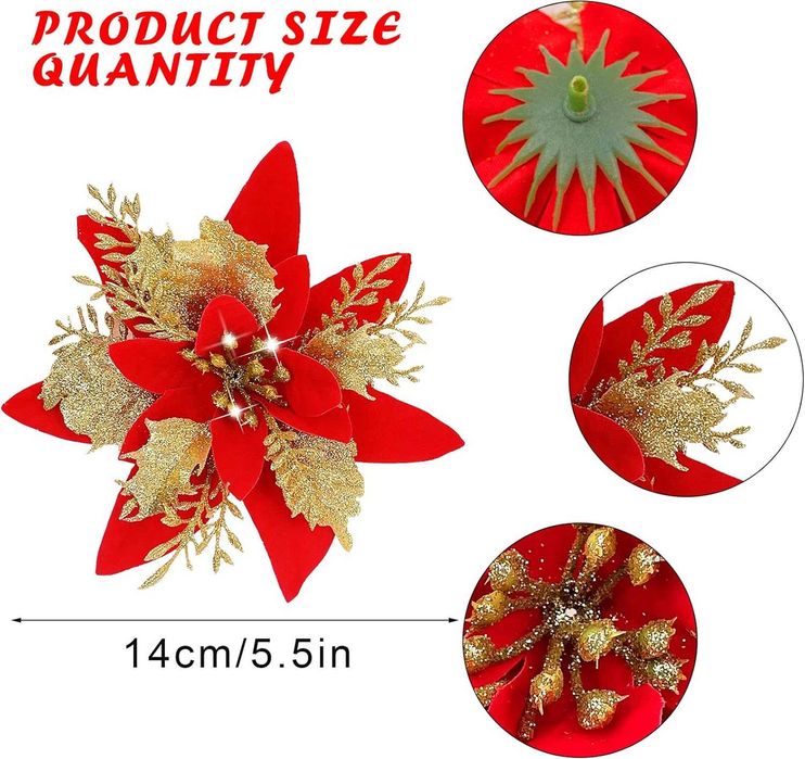 Gwiazda Betlejemska Poinsecja CZERWIEŃ Brokat- uchwyty - 14cm - 24 SZT