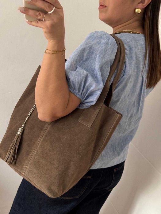 Torba Lorenzo Paris torebka duża skóra skórzana zamsz brązowa worek