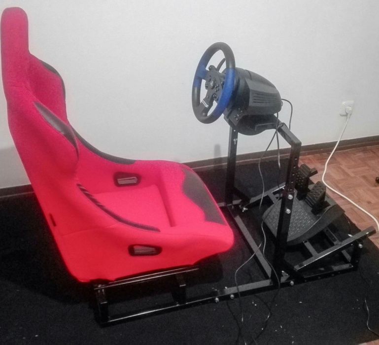 Cockpit simulator frame with fixed bucket seat and rails64563923342978123
