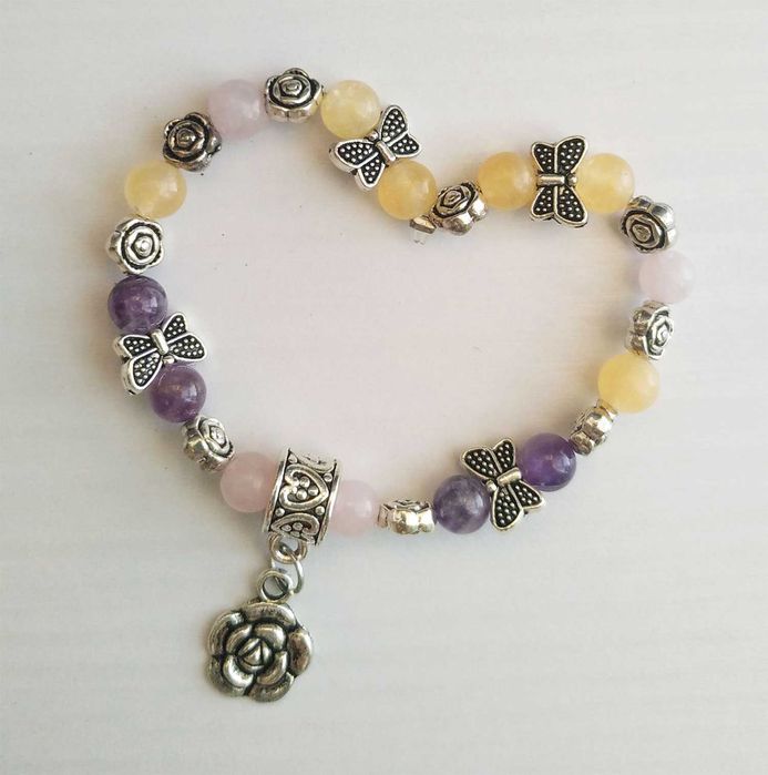 Продається браслет з натуральним цитрином, аметистом, рожевим кварцем