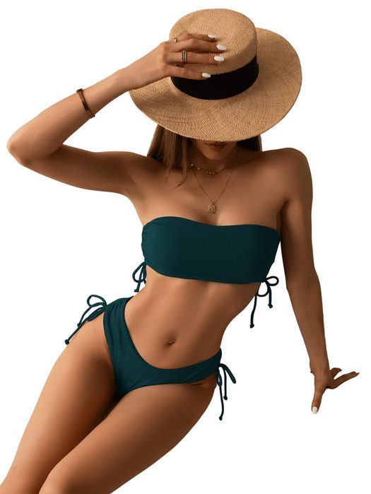 Bikini damskie bandeau - prążkowane, wysoki stan - S zielone