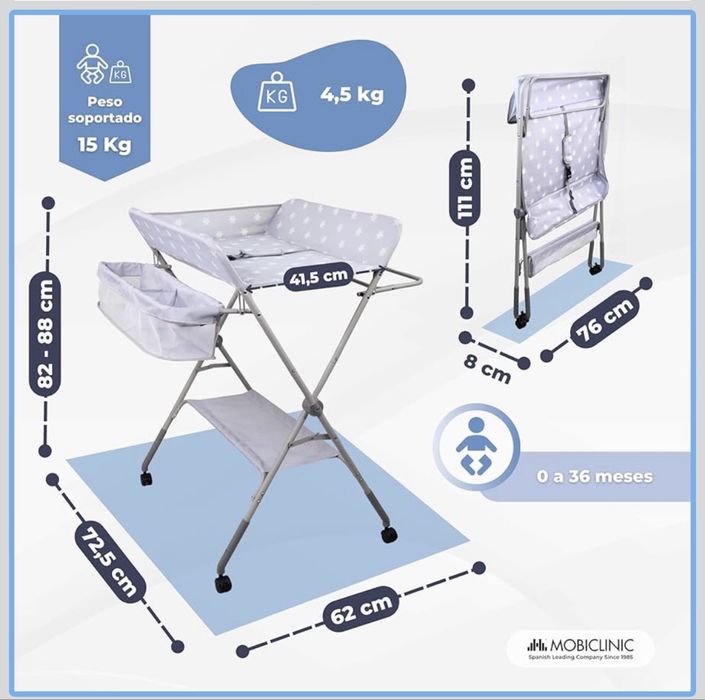 Mesa muda-fraldas com Altura ajustável, Dobrável